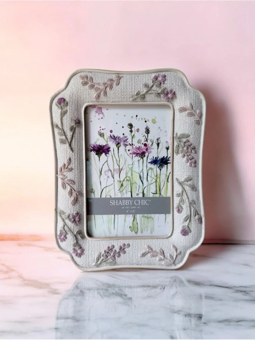 Shabby Chic Cream Frame with Pink and Green Embroidery 4”x6” photo